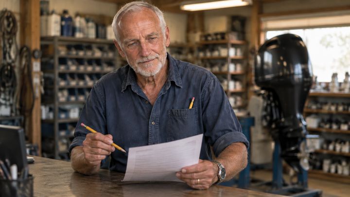 Hank reading a repair estimate at a service counter