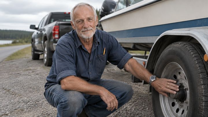 Hank feeling a trailer hub at the roadside